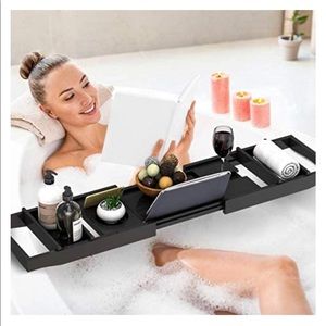 Black bamboo bathtub tray, expandable sides, so much fun!